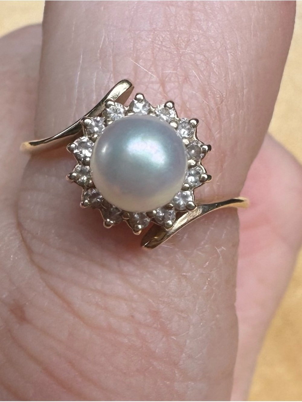 Classic Gold Pearl and Diamond Halo Ring - White Pearl